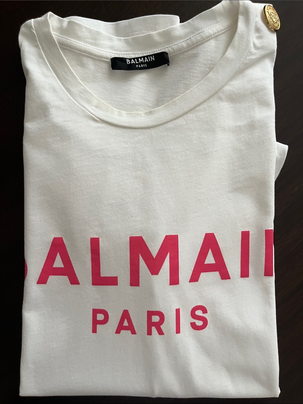 Balmain White Tee with Pink Logo and Gold Buttons - Picture 7 of 7